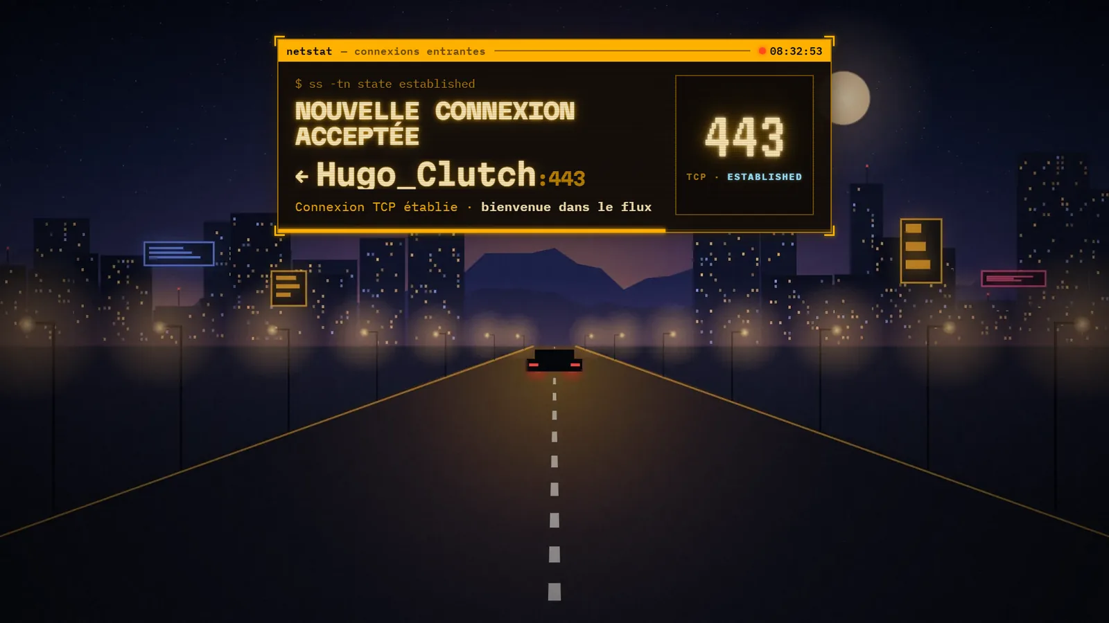 Alerte « Nouvelle connexion acceptée » posée sur un décor de jeu.