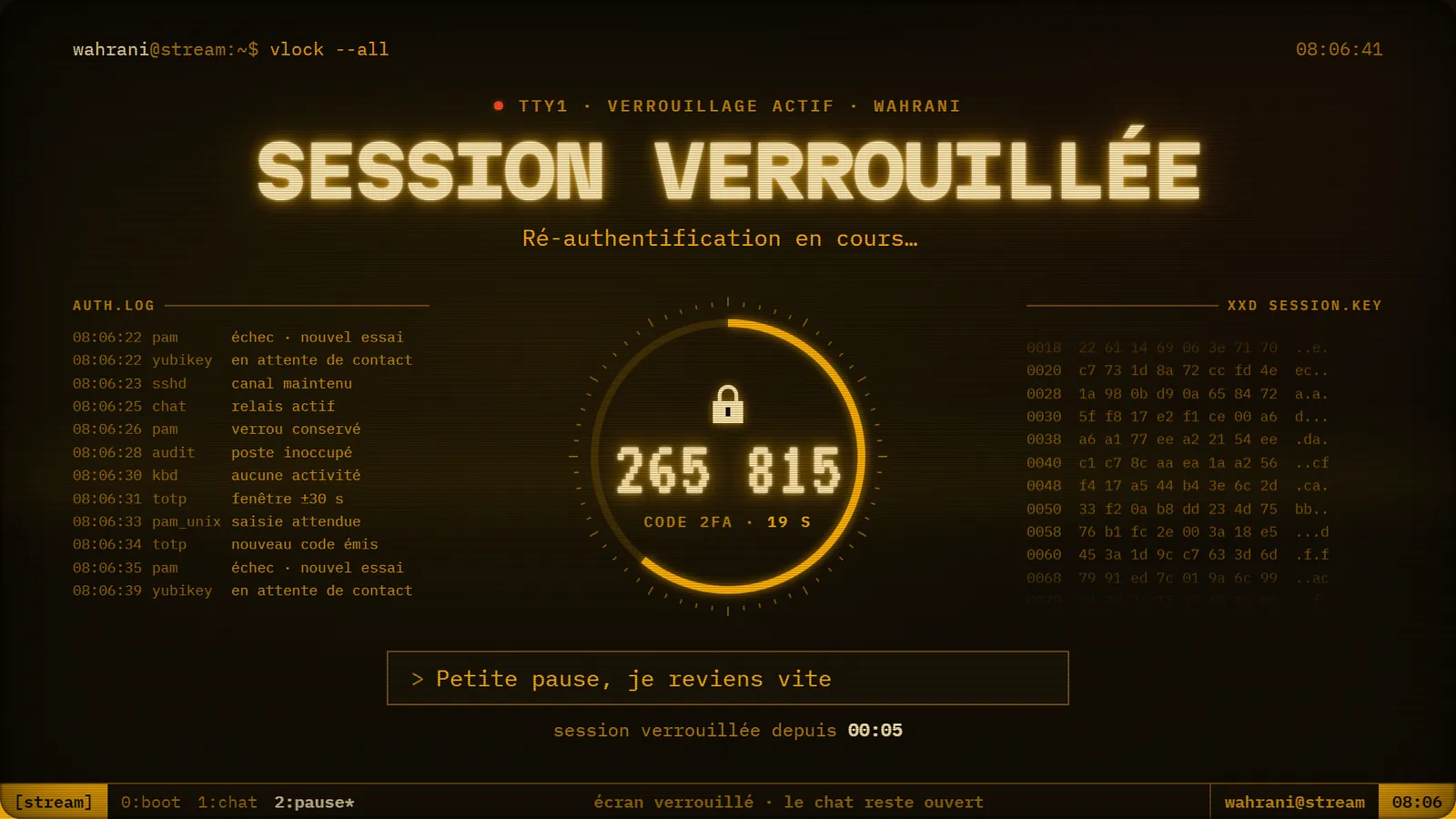 Écran de pause « Session verrouillée » : cadenas central, code à six chiffres, colonnes de journal en ambre sur fond noir.