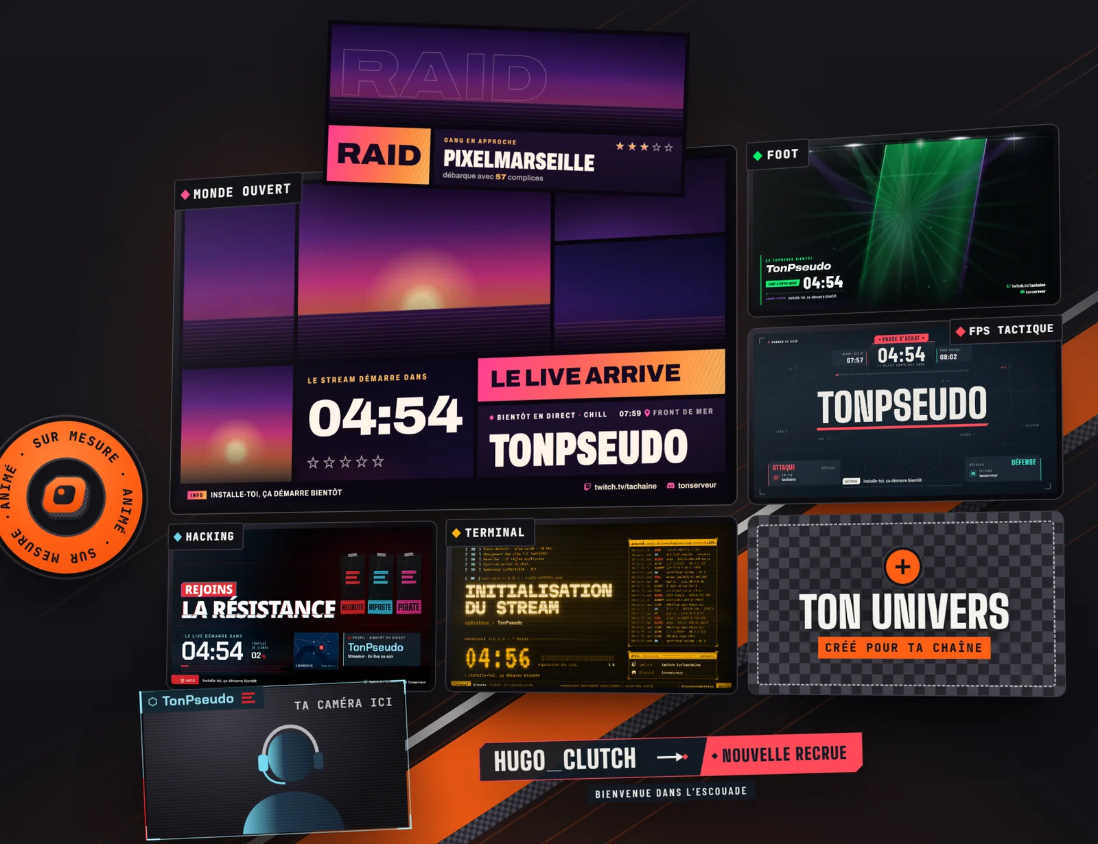 Composition de plusieurs thèmes d’overlays de l’atelier : monde ouvert, football, FPS tactique, hacking, terminal, cadre webcam et alerte de raid.