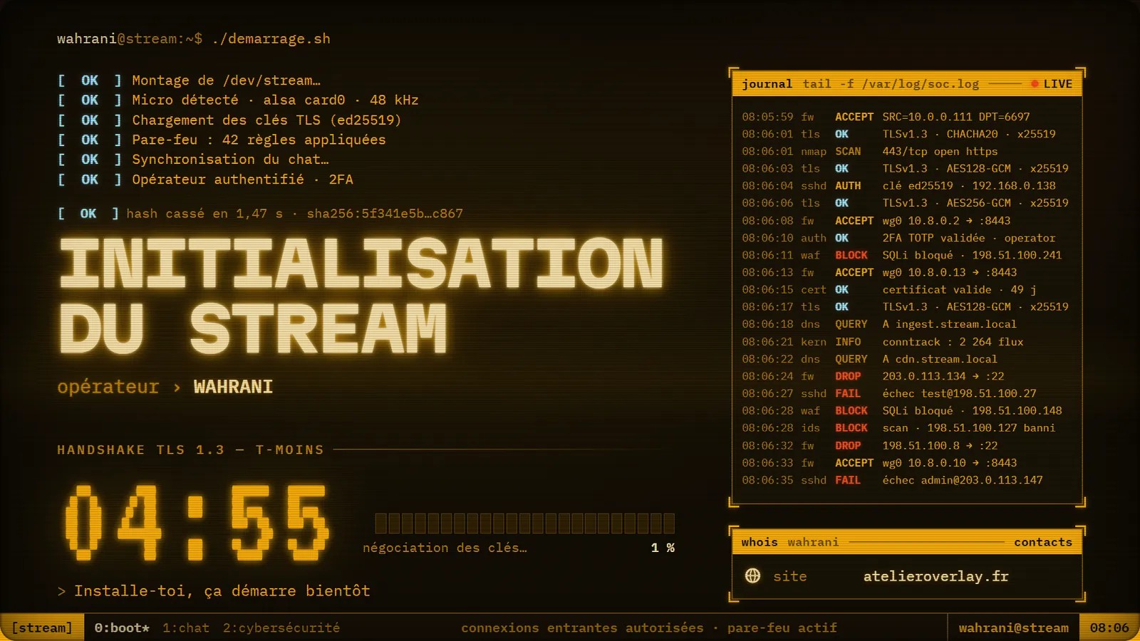 Aperçu fixe : écran de début « Initialisation du stream », texte ambre de terminal et compte à rebours.