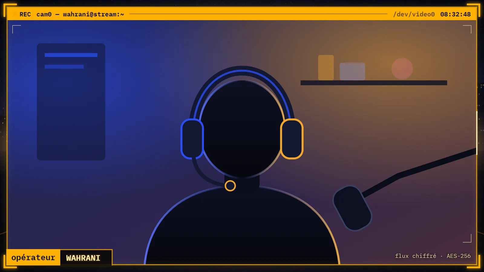 Cadre webcam ambre autour d’une caméra illustrée de streamer avec casque.